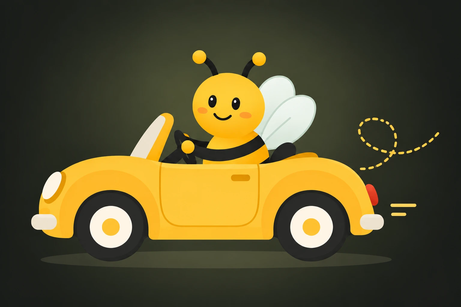 Friendly bee driving a yellow cartoon car facing left
